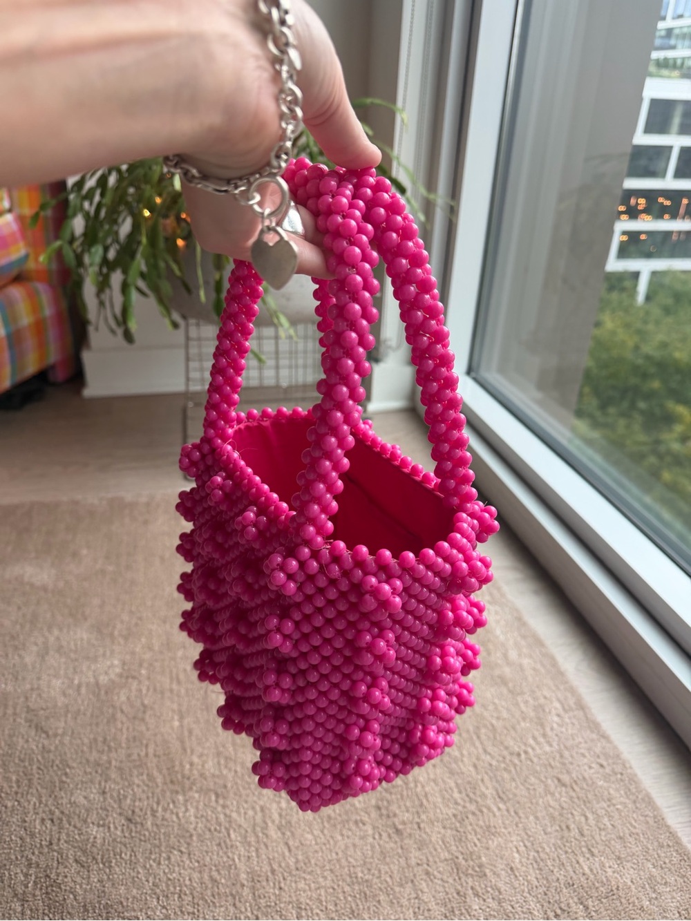 Beaded Mini Tote Bag - Hot Pink